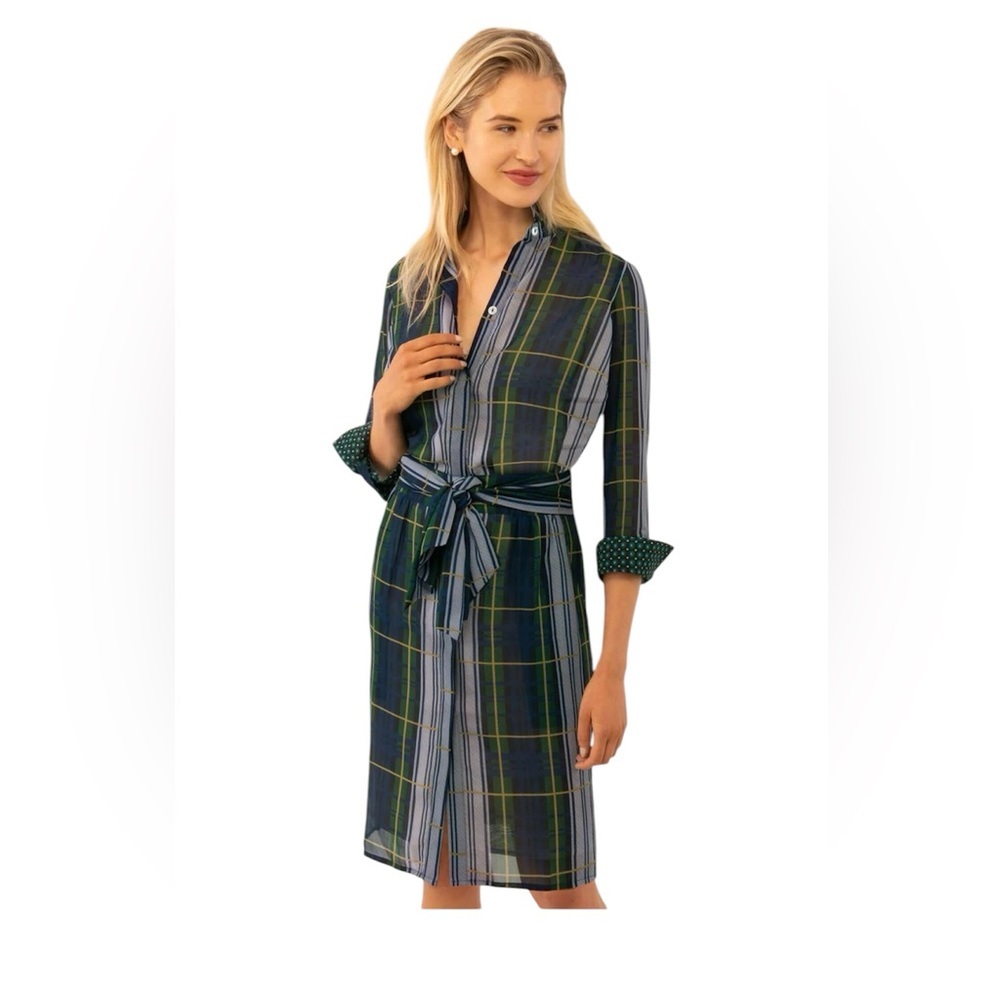 Gretchen Scott Designs Navy and Green Plaid Tie-Waist Mini Dress